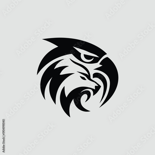 Mysterious black and white stylized eagle head logo with fierce expression isolated on white background, Vector, illustration