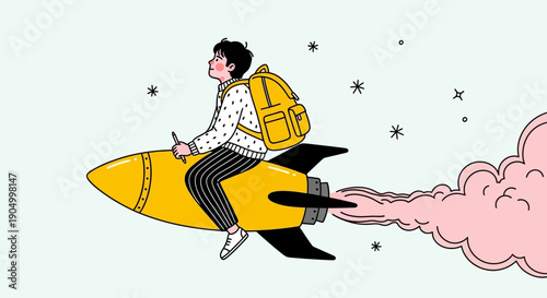 Man Riding Yellow Rocket Ship Through Space with Backpack and Stars Around