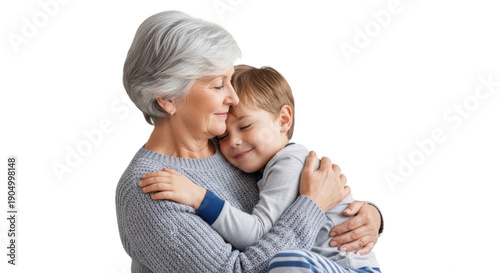 A heartwarming moment of an elderly woman hugging a young boy on transparent background