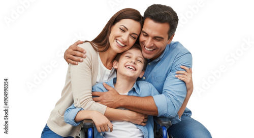 A happy family with a child in a wheelchair on transparent background