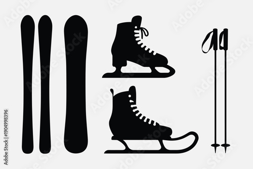 Silhouettes of winter sports equipment including skis, ice skates, and ski poles isolated on white background, Vector, illustration