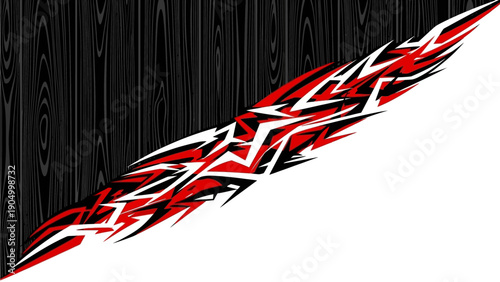 Dynamic red and white abstract shapes on a black wooden background, creating a diagonal motion effect
