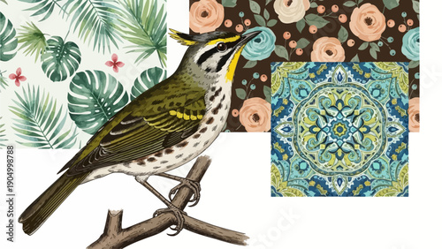 A bird perched on a branch with a patterned background and decorative elements nearby in a natural setting.