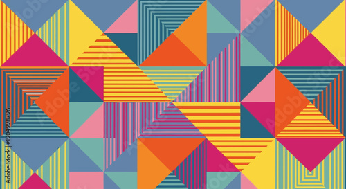Vibrant geometric pattern featuring triangles in various colors and stripes, creating a dynamic mosaic artwork viewed from directly above