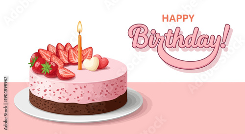 Celebratory chocolate cake with strawberry topping and lit candle on a pink background with Happy Birthday text