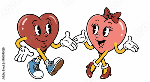 Illustration of cartoon heart and strawberry characters walking together in a friendly manner with thumbs up