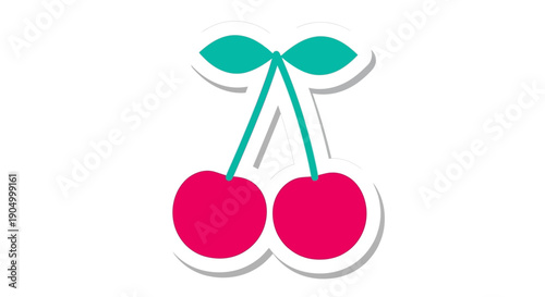 Two cherries hanging from a stem with green leaves, a sweet fruit illustration