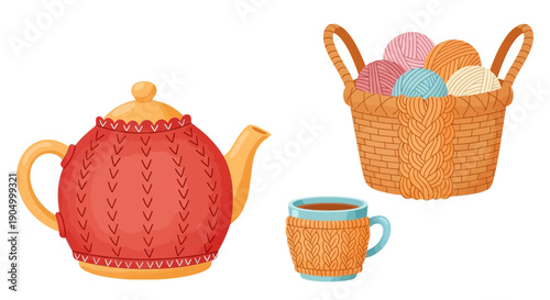 A vibrant illustration of a red teapot and matching cup alongside a wicker basket filled with colorful balls, presented on a clean white background from a straightforward viewpoint.