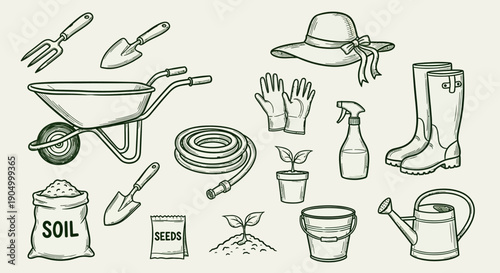 Gardening Tools and Accessories Illustration Featuring Wheelbarrow, Gloves, and Watering Can
