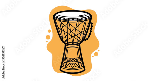 An illustration of a djembe drum, a traditional West African percussion instrument, on a vibrant orange background, viewed from the front.