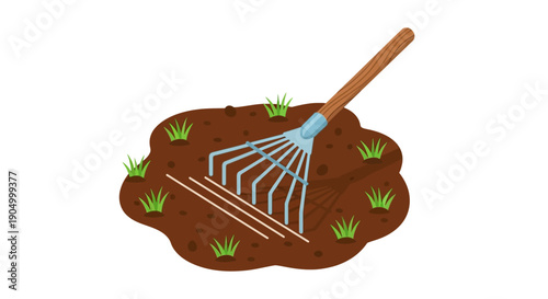 Raking dirt with a garden rake surrounded by grass in a garden scene from a top view