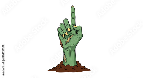 Zombie hand rising from the ground giving the middle finger, a spooky gesture, 2D illustration