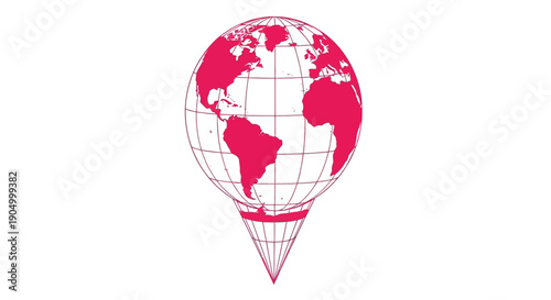 Aerial view of a map pin highlighting global locations on a world map illustration