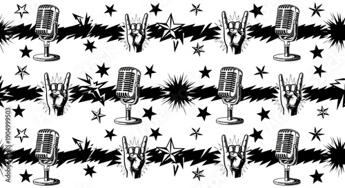 A series of microphones and stars pattern in black and white illustration from a direct viewpoint