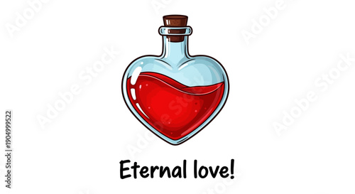 A heart-shaped bottle filled with red liquid, symbolizing eternal love and affection, depicted in a simple illustration style from a straightforward viewpoint.