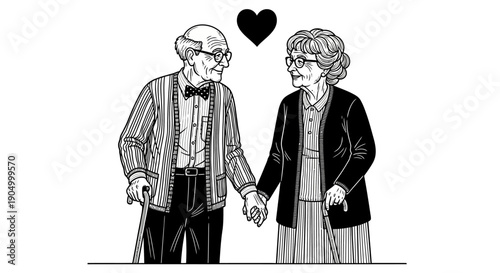 An elderly couple holding hands and looking at each other with a heart above them, simple illustration