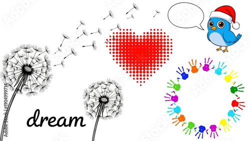 A whimsical illustration of dandelion seeds dispersing near a heart surrounded by diverse hands and a bird wearing a Santa hat, symbolizing hope and unity.