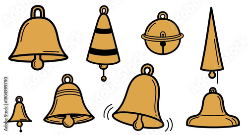 Assorted bells and chimes illustration showcasing various shapes and ringing sounds in a collection of golden icons