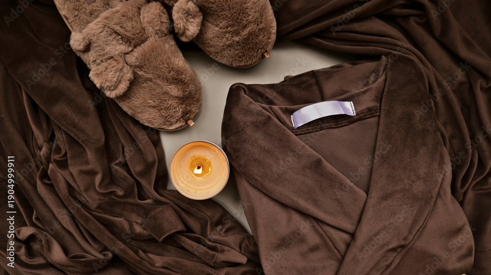 Αυτοκόλλητο Cozy brown velvet robe, fuzzy slippers, and lit candle for ultimate relaxation a
