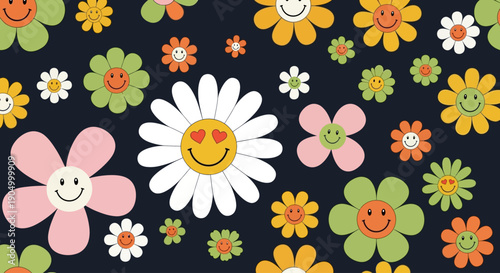 A vibrant floral pattern featuring colorful flowers and smiley faces on a dark background, viewed from directly above.