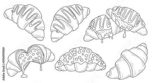 Assorted pastries and croissants on white background, line art illustration, various toppings and fillings, baked goods, culinary delights