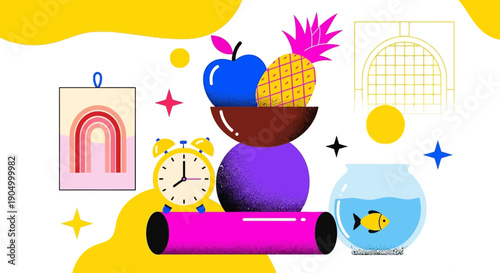 Vibrant still life composition featuring fruit, clock, and fishbowl on a table with various decorative elements