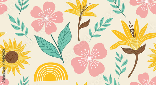 A vibrant floral pattern featuring sunflowers, leaves, and flowers from a top-down viewpoint