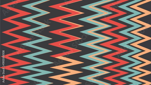 Vibrant zigzag pattern featuring red, blue, and orange lines on a dark background, creating a dynamic visual effect from a direct viewpoint