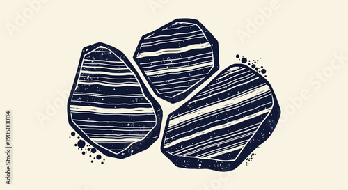 Three stones with striped patterns arranged together, viewed from directly above, showcasing texture and design