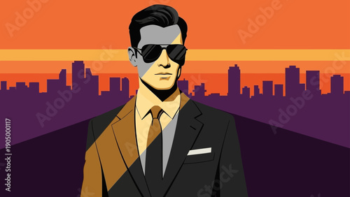 a sharp-dressed man in sunglasses stands silhouetted against a vibrant sunset city skyline a dramatic scene evoking urban mystery and modern lifestyle.