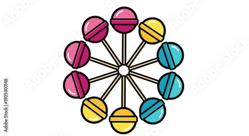 Colorful illustration of a stylized Ferris wheel with multicolored capsules from a direct viewpoint