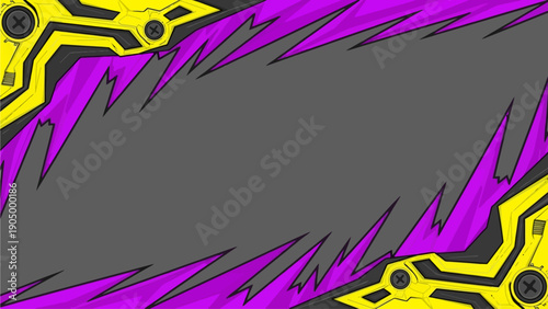Futuristic circuit board explosion with vibrant purple and yellow elements in a dynamic abstract illustration