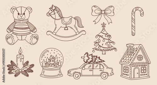 Collection of Christmas icons including teddy bear, rocking horse, and snow globe on a festive background