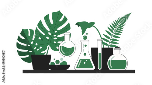 botanical science lab illustration glassware with green liquids and lush plants on a shelf natural chemistry sustainable research.