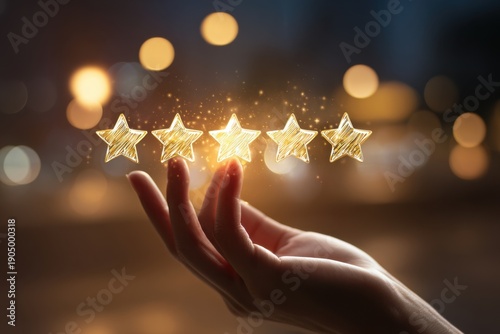 Ethereal Representation Of Customer Feedback: Hand Gently Holding Glowing Five Star Rating With Light Particles On Blurred Background Symbolizing Stellar Service