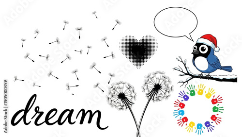 A cartoon bird wearing a Santa hat sits on a branch near dandelion flowers with flying seeds and a heart shaped cloud