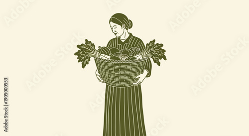 Woman holding a basket full of leaves and flowers in a serene environment from a frontal viewpoint