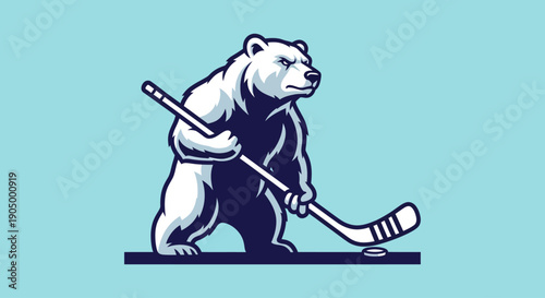 A standing bear holding a hockey stick in a playful stance on a monochromatic background