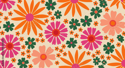 Vibrant floral pattern featuring various colorful flowers and leaves in a lively arrangement on a warm background from a direct viewpoint