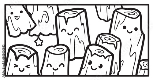 Coloring page: smiling firewood logs with growth rings — ideal for printable forest resource activity and children’s craft.