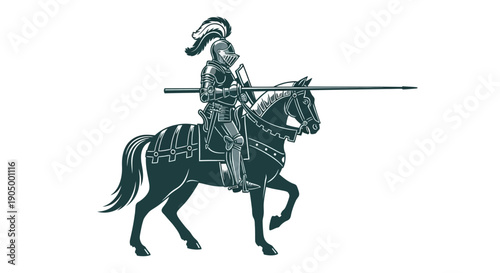 Medieval knight on horseback holding lance, illustration of historical figure in action, depicted from side view