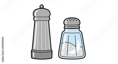 Salt and pepper shakers standing together on a clean surface, viewed from the front, in a simple graphic illustration style