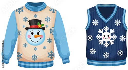 Festive winter sweaters featuring snowman and snowflake designs on a clothing rack or mannequin in a retail setting from a front viewpoint
