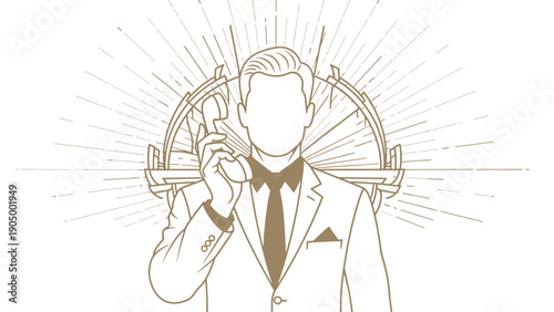 unrecognizable dapper man on vintage telephone call ornate mechanical sunburst classic communication mystery exclusive service.