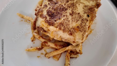 View of Pastitsio, the Greek traditional pasta dish made of minced meat and béchamel