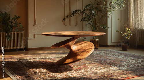 A wooden dining table spinning slowly in midair above a patterned rug