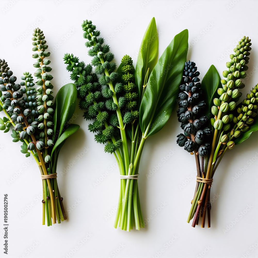 Obraz premium Fresh green herbs tied with twine, isolated on a white background