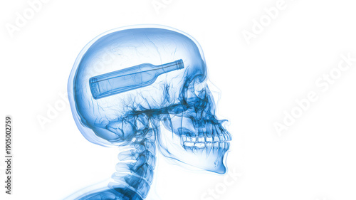 Skull X-ray with silhouette of bottle inside - concept of alcoholism, obsessive thoughts