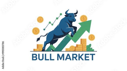 Blue bull market chart graph icon isolated on transparent background.