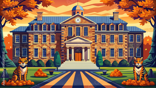 Very beautiful ivy-clad Nassau Hall at Princeton University, featuring iconic stone architecture and bronze tiger statues symbolizing pride, tradition, and academic excellence.